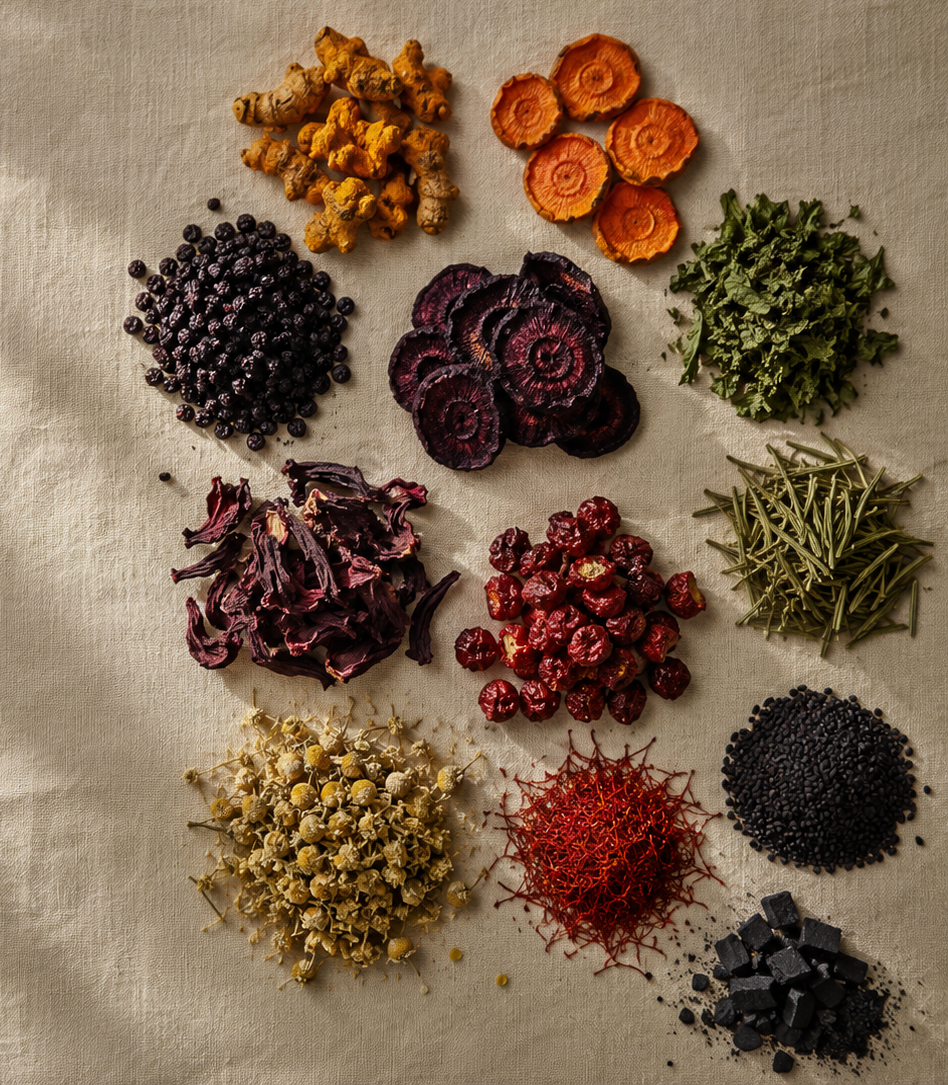 Apothecary spectrum flat lay with turmeric, beet, hibiscus, saffron, chamomile, rosemary on cream linen